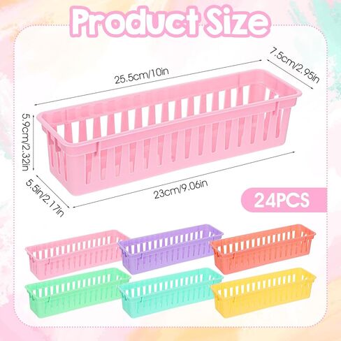 24Pack Small Pencil Basket, 10" x 3" Plastic Pencil Holder for Classroom, Slim Stackable Pencils Tray Storage for Office Desk and Elementary Teacher Organization Supplies (Colorful) in Kuwait