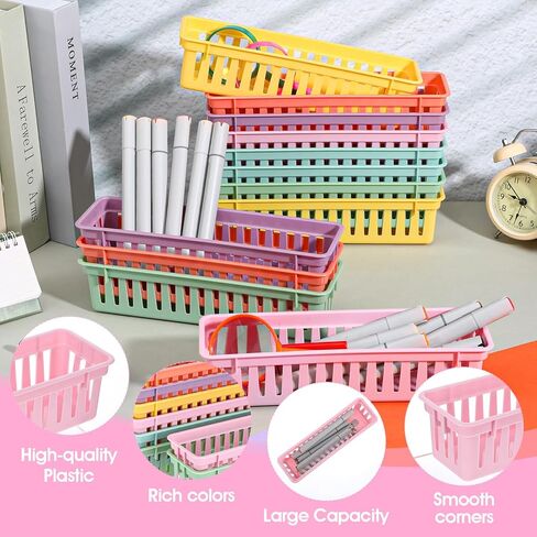 24Pack Small Pencil Basket, 10" x 3" Plastic Pencil Holder for Classroom, Slim Stackable Pencils Tray Storage for Office Desk and Elementary Teacher Organization Supplies (Colorful) in Kuwait