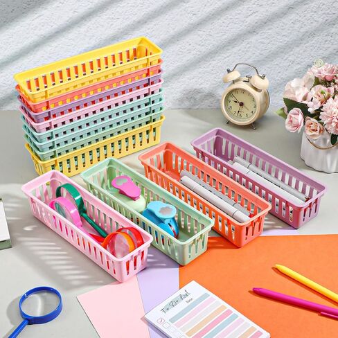 24Pack Small Pencil Basket, 10" x 3" Plastic Pencil Holder for Classroom, Slim Stackable Pencils Tray Storage for Office Desk and Elementary Teacher Organization Supplies (Colorful) in Kuwait