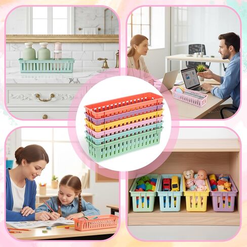 24Pack Small Pencil Basket, 10" x 3" Plastic Pencil Holder for Classroom, Slim Stackable Pencils Tray Storage for Office Desk and Elementary Teacher Organization Supplies (Colorful) in Kuwait