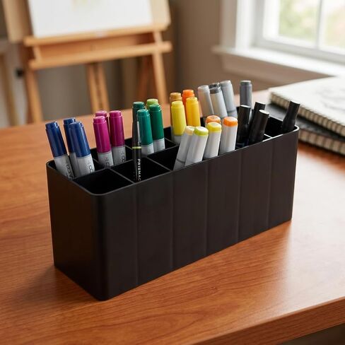 1 Pack 12-Slot Marker Pen Holder Desk Stand Organizer, Plastic Marker Storage Tray for Art Markers, Watercolor Pens & Lipsticks, Compact Modular Marker Case for Artists & Students (Black) in Kuwait