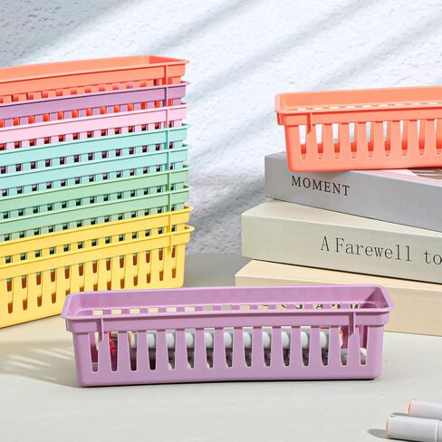 24Pack Small Pencil Basket, 10" x 3" Plastic Pencil Holder for Classroom, Slim Stackable Pencils Tray Storage for Office Desk and Elementary Teacher Organization Supplies (Colorful) in Kuwait