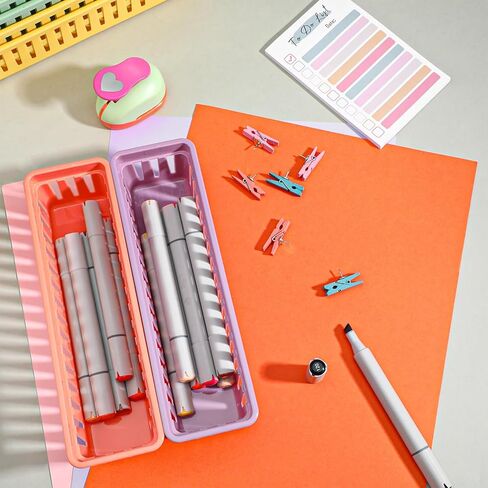 24Pack Small Pencil Basket, 10" x 3" Plastic Pencil Holder for Classroom, Slim Stackable Pencils Tray Storage for Office Desk and Elementary Teacher Organization Supplies (Colorful) in Kuwait