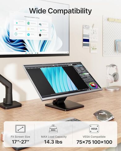 monTEK Low Profile Monitor Stand, Foldable Lay Flat Single VESA Stand 75x75/100x100mm, Portable Support for 17 to 27 Inch Touchscreen Monitor & Mini PC in Kuwait