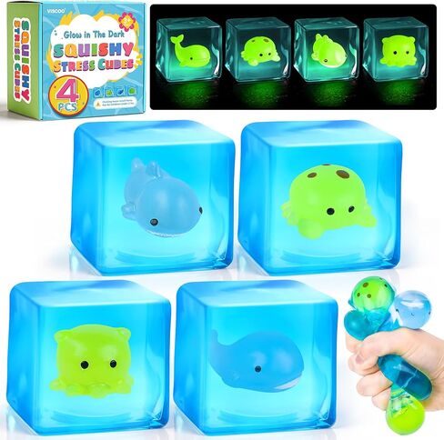VISCOO Stress Cube -Glow in The Dark Sea Animal Inside Squishy Fidget Toys, Nice Ice Cube Squishy for Anxiety Relief, Squeeze Toys for Kids,Stress Balls for Adults,Sensory Toys for Party Favors in Saudi Arabia