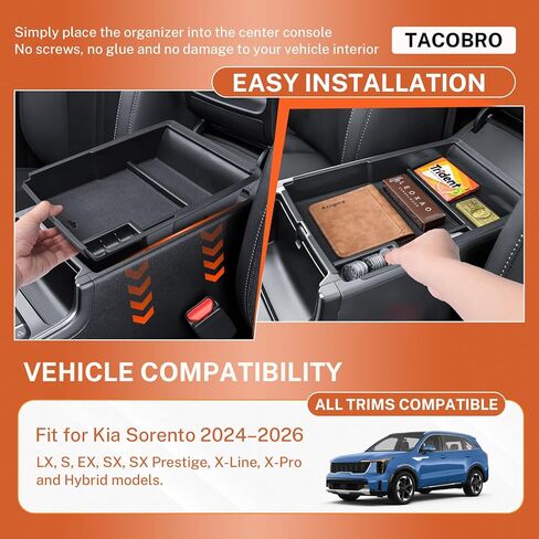 Center Console Organizer for Kia Sorento 2024 2025 2026 (All Trims), ABS Plastic Console Tray Insert with Non-Slip Rubber for 2021-2023 Sorento X-Line Hybrid SX Prestige Accessories in Kuwait