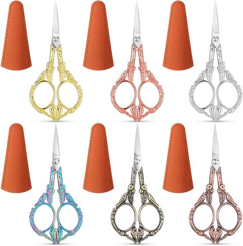 6 Pcs Sewing Embroidery Scissors 5 Inch Small Crafting Scissors Vintage Iron Alloy Sharp Detail Shears with 6 Artificial Leather Covers in Assorted Colors for Needlework DIY Handicraft in Kuwait