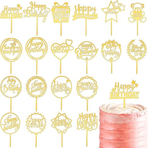 Macarrie 40 Pcs Gold Happy Birthday Cake Topper Acrylic Glittering Cupcake Topper Decorations for Birthday Event Party Supplies, 20 Different Shapes in Kuwait