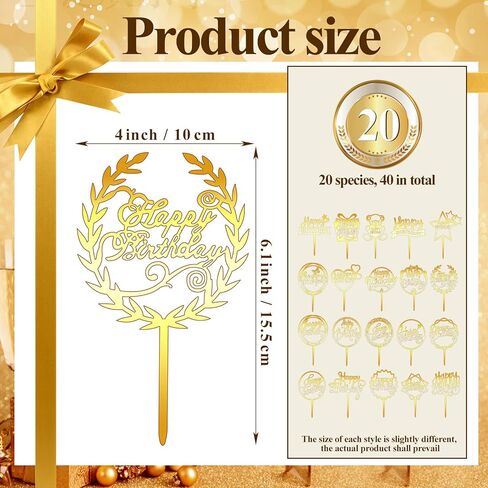 Macarrie 40 Pcs Gold Happy Birthday Cake Topper Acrylic Glittering Cupcake Topper Decorations for Birthday Event Party Supplies, 20 Different Shapes in Kuwait