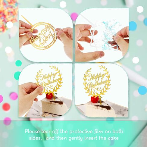 Macarrie 40 Pcs Gold Happy Birthday Cake Topper Acrylic Glittering Cupcake Topper Decorations for Birthday Event Party Supplies, 20 Different Shapes in Kuwait