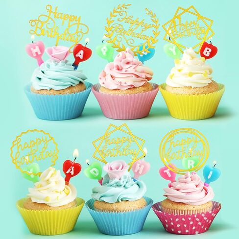 Macarrie 40 Pcs Gold Happy Birthday Cake Topper Acrylic Glittering Cupcake Topper Decorations for Birthday Event Party Supplies, 20 Different Shapes in Kuwait