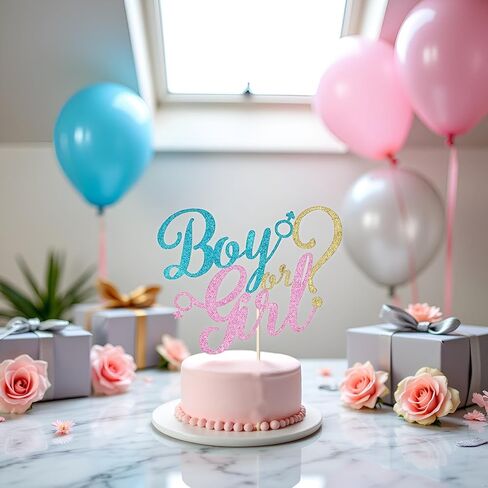 Sleyberoy boy or girl cake topper - gold glitter baby shower, gender reveal, welcome newborn party decoration (Blue And Pink) in Saudi Arabia