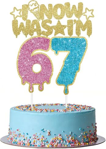 I WAS 6 NOW I'M 7 Cake Topper, 6 7 Birthday Decorations for Boy 7 Years Old, Glitter 67 Cake Topper Birthday Party Supllies, Black+Blue+Gold in Saudi Arabia