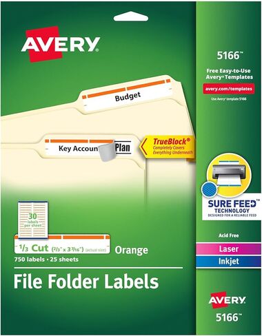 Avery 5166 Permanent Filing Labels, 1/3 Cut, 750/PK, Orange in Kuwait
