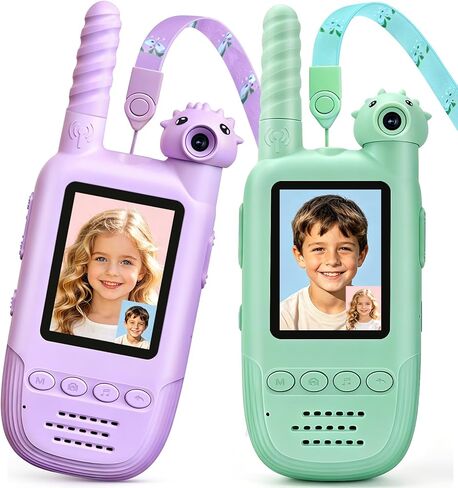 Kids Video Walkie Talkies 2 Pack, 180° Rotating Camera & Live Video Chat, Rechargeable Intercom Toys with 6 Voice Changers, Flashlight & 10 Fun Ringtones, Outdoor Toys for Boys Girls, Green & Purple in Saudi Arabia