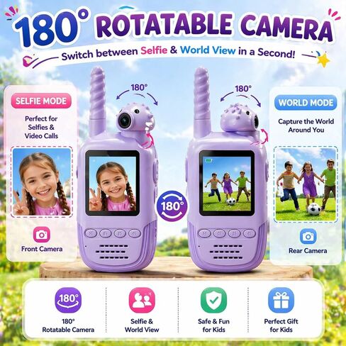 Kids Video Walkie Talkies 2 Pack, 180° Rotating Camera & Live Video Chat, Rechargeable Intercom Toys with 6 Voice Changers, Flashlight & 10 Fun Ringtones, Outdoor Toys for Boys Girls, Green & Purple in Saudi Arabia