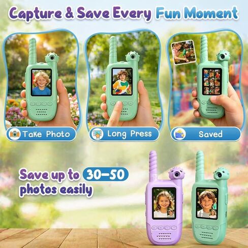 Kids Video Walkie Talkies 2 Pack, 180° Rotating Camera & Live Video Chat, Rechargeable Intercom Toys with 6 Voice Changers, Flashlight & 10 Fun Ringtones, Outdoor Toys for Boys Girls, Green & Purple in Saudi Arabia