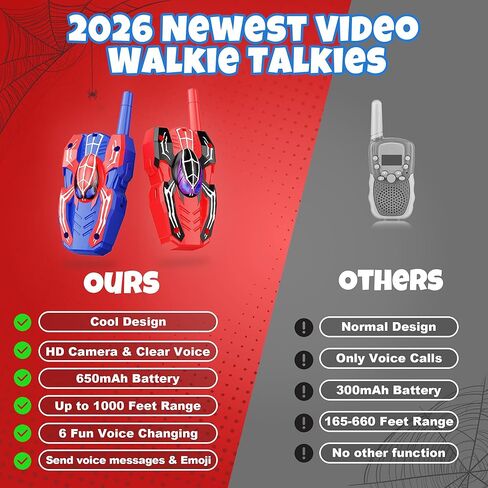 Video Walkie Talkies for Kids 2 Pack Rechargeable with Screen HD Camera & Voice Changer, Max 1000FT Range Spider Toy for Indoor Outdoor Camping, Hiking, Christmas Birthday Gift for Boys Girls Age 3-12 in Saudi Arabia