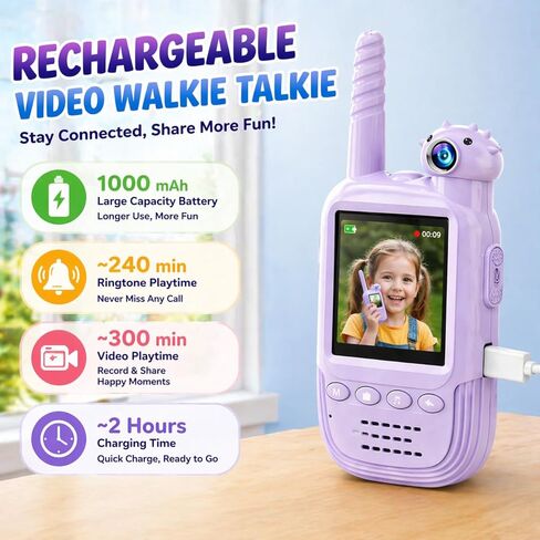 Kids Video Walkie Talkies 2 Pack, 180° Rotating Camera & Live Video Chat, Rechargeable Intercom Toys with 6 Voice Changers, Flashlight & 10 Fun Ringtones, Outdoor Toys for Boys Girls, Green & Purple in Saudi Arabia