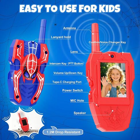Video Walkie Talkies for Kids 2 Pack Rechargeable with Screen HD Camera & Voice Changer, Max 1000FT Range Spider Toy for Indoor Outdoor Camping, Hiking, Christmas Birthday Gift for Boys Girls Age 3-12 in Saudi Arabia