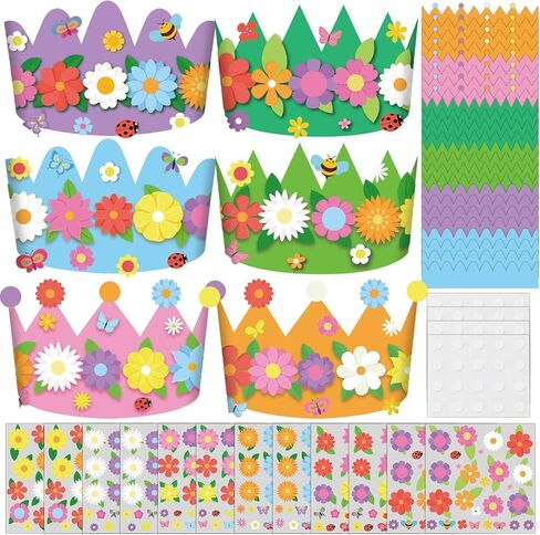 Afniimyapt 12 Sets Spring Paper Crowns Craft Kits DIY Your Own Spring Floral Party Crowns Hats Colorful Paper Headbands with Flower Butterfly Bee Stickers for Home Holiday Activity Supplies in Saudi Arabia