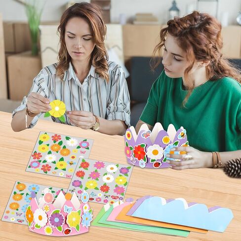 Afniimyapt 12 Sets Spring Paper Crowns Craft Kits DIY Your Own Spring Floral Party Crowns Hats Colorful Paper Headbands with Flower Butterfly Bee Stickers for Home Holiday Activity Supplies in Saudi Arabia