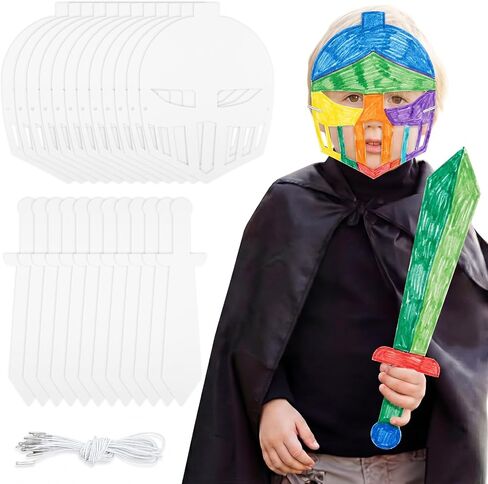 Mooliwe 24 Pack Color Your Own Knight Mask and Swords Craft Kit with Elastic Cord Kids Knight Party Decorations for Kids Vacation Bible School Supplies in Kuwait