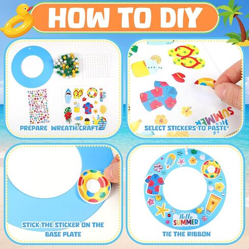 Engrowtic 72 قطعة من مجموعات الحرف اليدوية للشاطئ الصيفية DIY إكليل الصيف المعلق اصنع حرف الشاطئ الورقية الخاصة بك مع ملصقات لوح ركوب الأمواج على شكل فلامنغو النخيل والبطيخ لديكور حفلات المعسكرات المنزلية in Kuwait