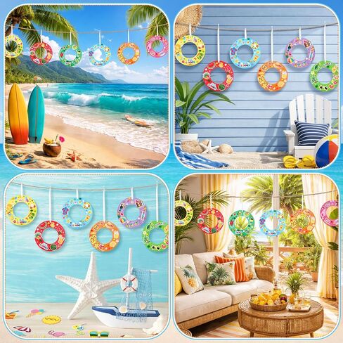 Engrowtic 72 قطعة من مجموعات الحرف اليدوية للشاطئ الصيفية DIY إكليل الصيف المعلق اصنع حرف الشاطئ الورقية الخاصة بك مع ملصقات لوح ركوب الأمواج على شكل فلامنغو النخيل والبطيخ لديكور حفلات المعسكرات المنزلية in Kuwait