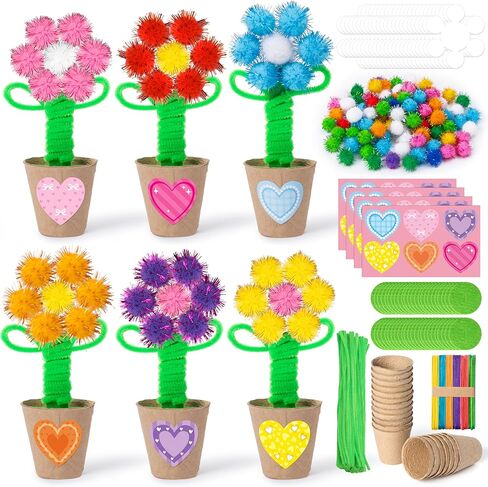 WATINC Mother’s Day Flower Paper Pot Craft Kits - 36 Pack Springtime Pom Pom Flower Decorations, Make Your Standing Glitter Gift Crafts, Fun DIY Decor Home School Classroom Art Activities in Kuwait