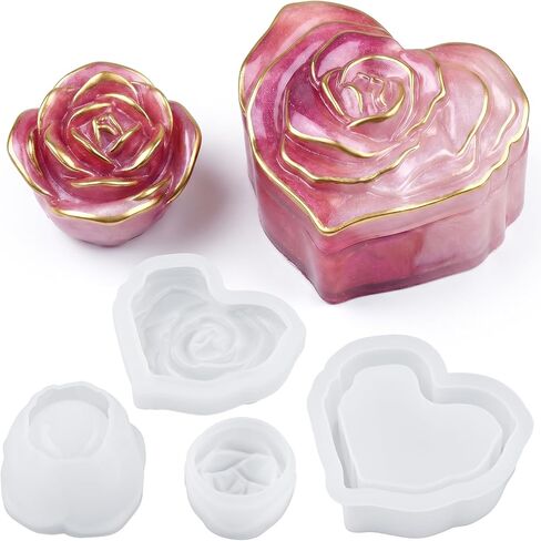 NiHome 4PCS Silicone Resin Molds for Jewelry Box, Heart Rose and 3D Rose Trinket Box Mold Set with Lid, Epoxy Resin Molds for DIY Candle Container, Keepsake Box, Handmade Gifts in Kuwait