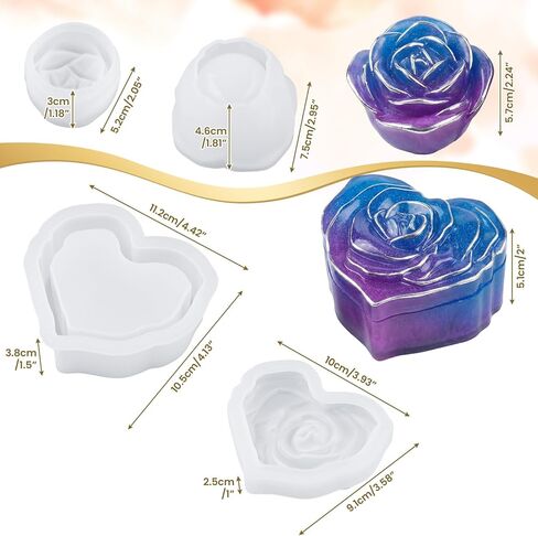 NiHome 4PCS Silicone Resin Molds for Jewelry Box, Heart Rose and 3D Rose Trinket Box Mold Set with Lid, Epoxy Resin Molds for DIY Candle Container, Keepsake Box, Handmade Gifts in Kuwait