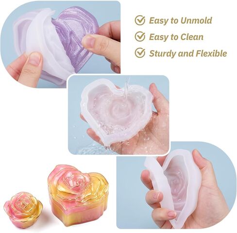 NiHome 4PCS Silicone Resin Molds for Jewelry Box, Heart Rose and 3D Rose Trinket Box Mold Set with Lid, Epoxy Resin Molds for DIY Candle Container, Keepsake Box, Handmade Gifts in Kuwait