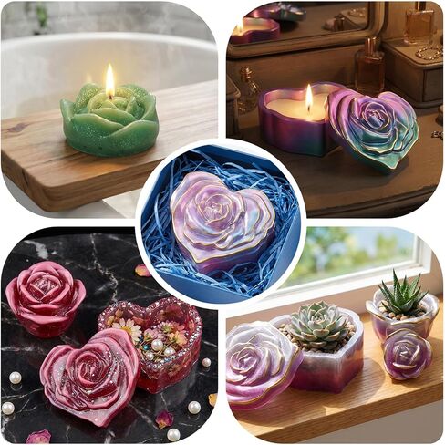 NiHome 4PCS Silicone Resin Molds for Jewelry Box, Heart Rose and 3D Rose Trinket Box Mold Set with Lid, Epoxy Resin Molds for DIY Candle Container, Keepsake Box, Handmade Gifts in Kuwait