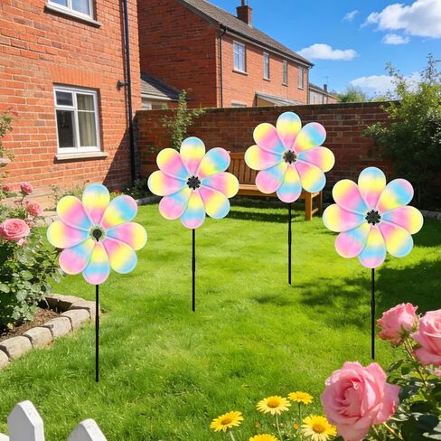 12.4inch Iridescent Garden Windmill, 4PCS Whirligigs Windmill, DIY Pinwheel, Decoration Wind Spinner, Plastic Windmill Wheel, Outdoor Courtyard Lawn Spinner in Saudi Arabia