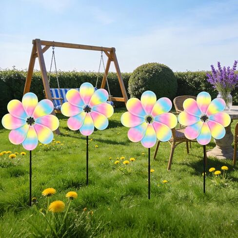 12.4inch Iridescent Garden Windmill, 4PCS Whirligigs Windmill, DIY Pinwheel, Decoration Wind Spinner, Plastic Windmill Wheel, Outdoor Courtyard Lawn Spinner in Saudi Arabia