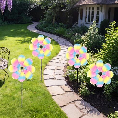 12.4inch Iridescent Garden Windmill, 4PCS Whirligigs Windmill, DIY Pinwheel, Decoration Wind Spinner, Plastic Windmill Wheel, Outdoor Courtyard Lawn Spinner in Saudi Arabia