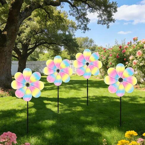 12.4inch Iridescent Garden Windmill, 4PCS Whirligigs Windmill, DIY Pinwheel, Decoration Wind Spinner, Plastic Windmill Wheel, Outdoor Courtyard Lawn Spinner in Saudi Arabia