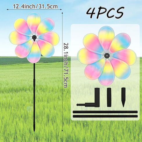 12.4inch Iridescent Garden Windmill, 4PCS Whirligigs Windmill, DIY Pinwheel, Decoration Wind Spinner, Plastic Windmill Wheel, Outdoor Courtyard Lawn Spinner in Saudi Arabia