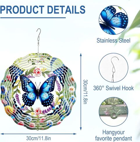 Blue Butterfly Wind Spinner 12 Inch, 3D Hanging Wind Sculptures Stainless Steel Outdoor Garden Decor, Kinetic Art Indoor Patio Yard Decor, Birthday Gift for Mom Grandma Wife Women in Saudi Arabia