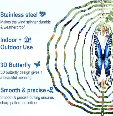Blue Butterfly Wind Spinner 12 Inch, 3D Hanging Wind Sculptures Stainless Steel Outdoor Garden Decor, Kinetic Art Indoor Patio Yard Decor, Birthday Gift for Mom Grandma Wife Women in Saudi Arabia