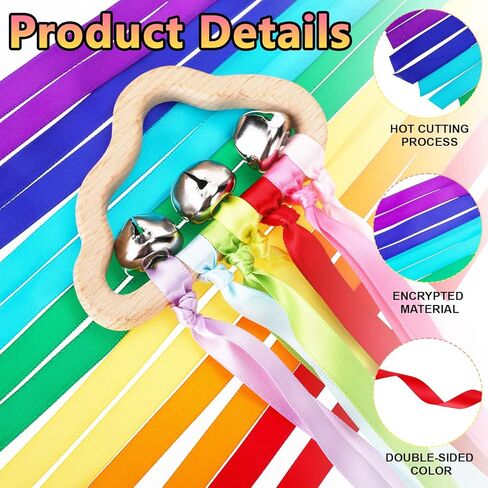 4 Pack Rainbow Ribbon Hand Kites with Bells, Wind Wand Dance Ribbons Streamer Wands for Dancing Sensory Wooden Cloud Handle Play Silks for Rhythmic Movement Birthday Party Montessori (Bright Colors) in Saudi Arabia