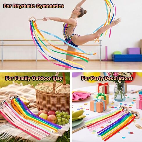 4 Pack Rainbow Ribbon Hand Kites with Bells, Wind Wand Dance Ribbons Streamer Wands for Dancing Sensory Wooden Cloud Handle Play Silks for Rhythmic Movement Birthday Party Montessori (Bright Colors) in Saudi Arabia