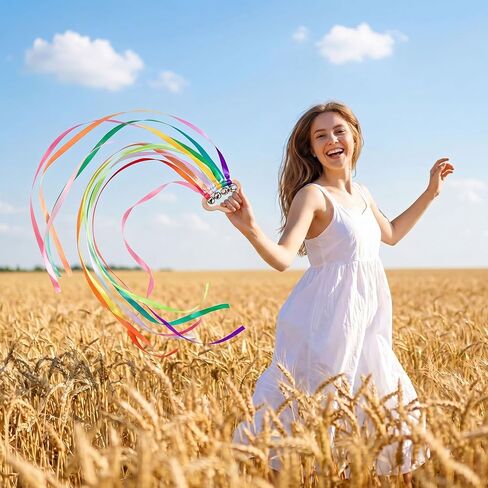 4 Pack Rainbow Ribbon Hand Kites with Bells, Wind Wand Dance Ribbons Streamer Wands for Dancing Sensory Wooden Cloud Handle Play Silks for Rhythmic Movement Birthday Party Montessori (Bright Colors) in Saudi Arabia