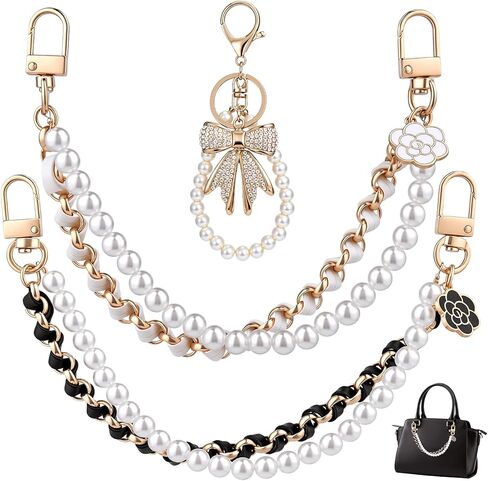 4-Piece Purse Charm Set — 2 Pearl Chains, White Rhinestone Bow Keychain & Gold-Tone Bag Chain, Cute Bag Charms for Handbags, Wallets & Crossbody Bags in Saudi Arabia