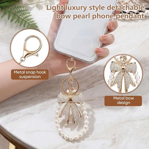 4-Piece Purse Charm Set — 2 Pearl Chains, White Rhinestone Bow Keychain & Gold-Tone Bag Chain, Cute Bag Charms for Handbags, Wallets & Crossbody Bags in Saudi Arabia