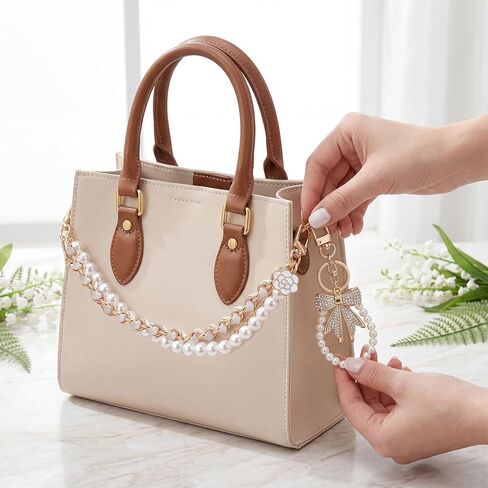 4-Piece Purse Charm Set — 2 Pearl Chains, White Rhinestone Bow Keychain & Gold-Tone Bag Chain, Cute Bag Charms for Handbags, Wallets & Crossbody Bags in Saudi Arabia