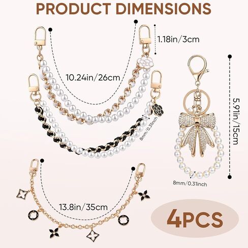 4-Piece Purse Charm Set — 2 Pearl Chains, White Rhinestone Bow Keychain & Gold-Tone Bag Chain, Cute Bag Charms for Handbags, Wallets & Crossbody Bags in Saudi Arabia