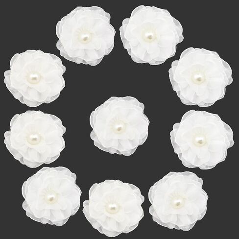 10pcs Fabric Flowers 2.36 inch Flat Back Pearl Glossy Chiffon Flower Appliques for Sewing Clothing Headbands Party Wedding Graduation Topper Decoration Gift Wrapping DIY Craft (White) in Kuwait