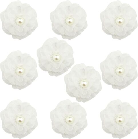 10pcs Fabric Flowers 2.36 inch Flat Back Pearl Glossy Chiffon Flower Appliques for Sewing Clothing Headbands Party Wedding Graduation Topper Decoration Gift Wrapping DIY Craft (White) in Kuwait